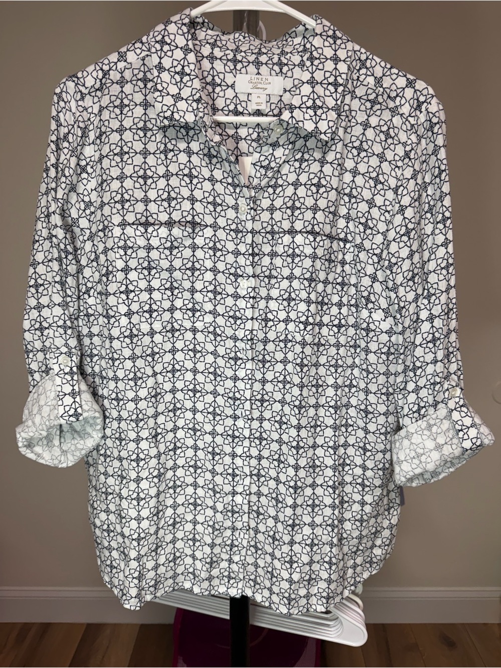 Charter Club White and Navy Geometric Button-Front Blouse